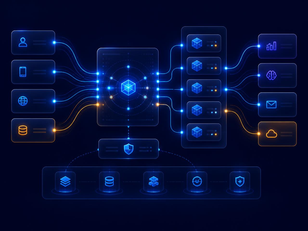 Integrated AI infrastructure diagram showing data flow between support, monitoring, QA and revenue systems